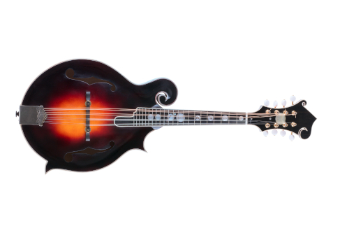 Photo of F-style mandolin with dark sunburst color finish.